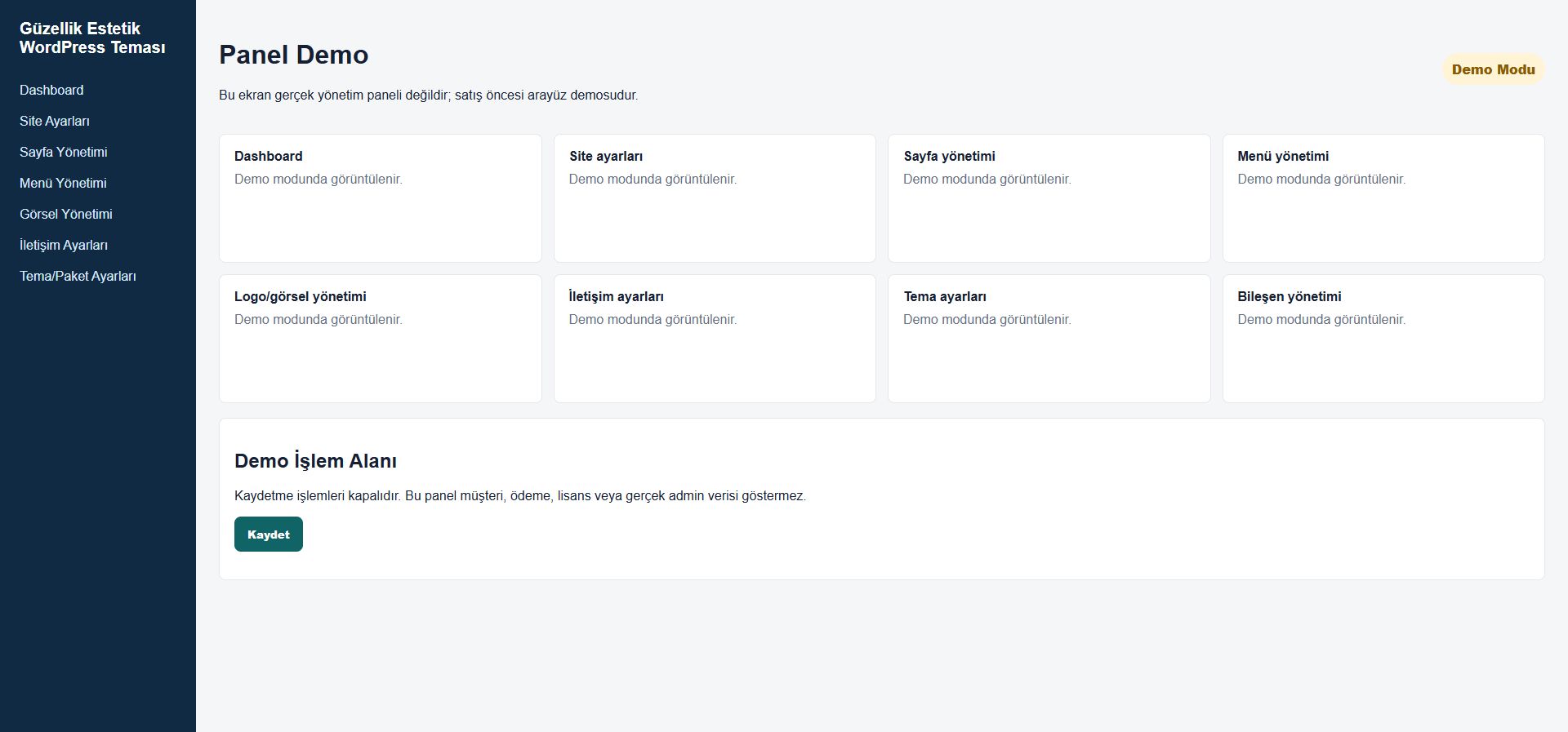 Güzellik Estetik WordPress Teması panel demosu