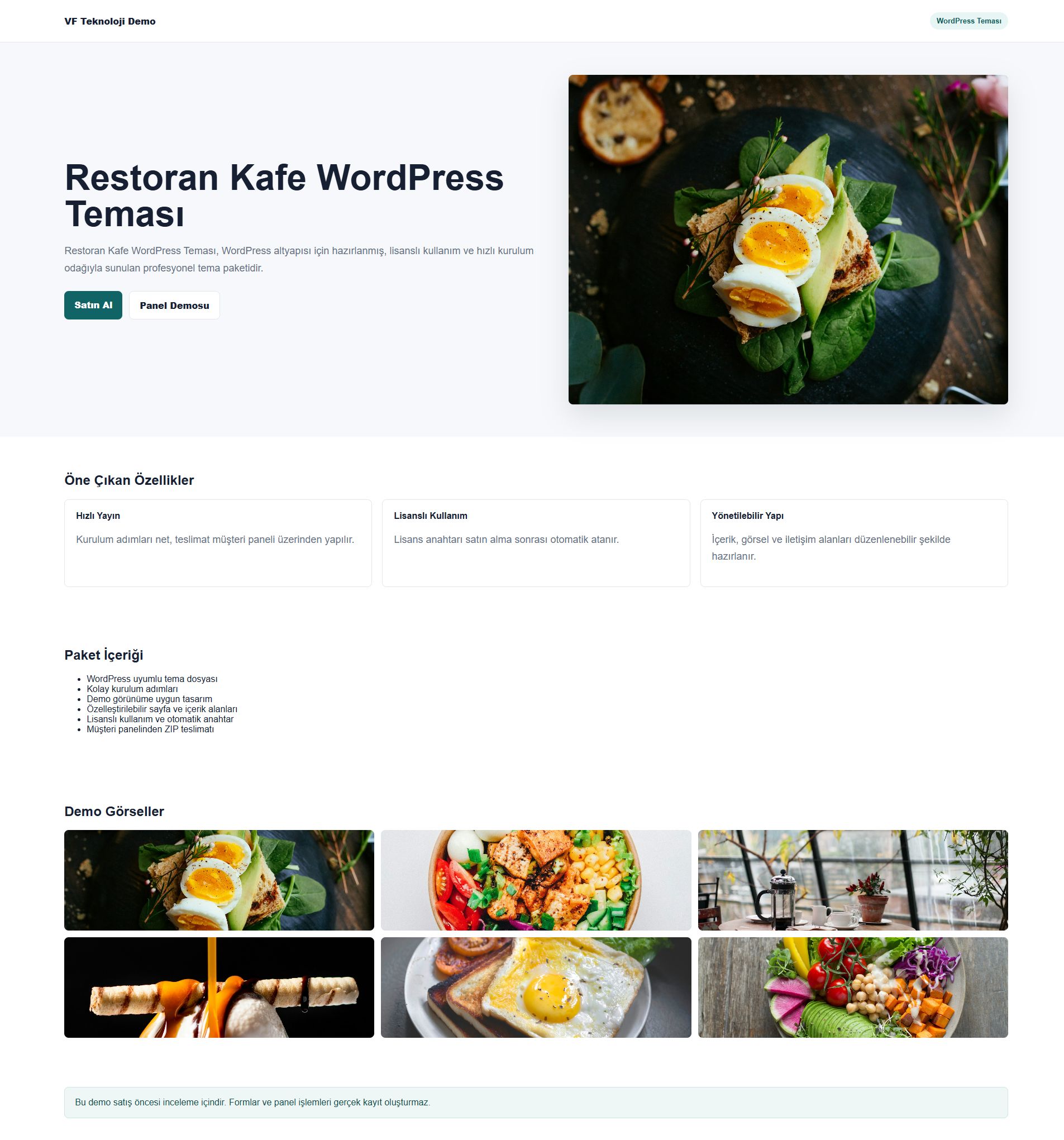 Restoran Kafe WordPress Teması ürün demosu